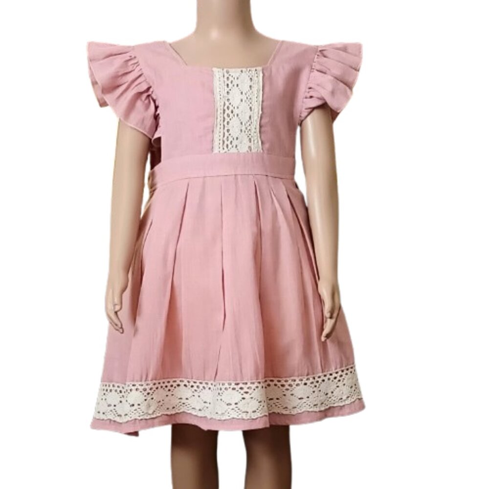 Girls Dusty Pink Pinafore Dress 5-6T Pleated Flare Lace Trim Flutter Sleeves